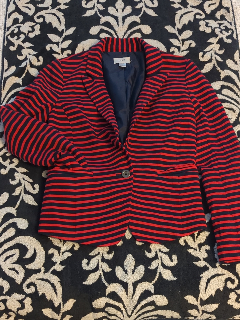 LOFT 100% Cotton Navy and Red Striped Women's Satin Lined Blazer 4th Of July 2